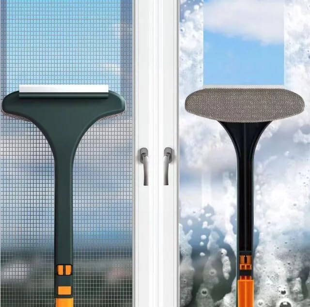 NINZA 2 in 1 Mesh & Glass Cleaning Brush with Extended Handle & Wiper, 3x3 Inch, Window Cleaning Brush, Multicolour