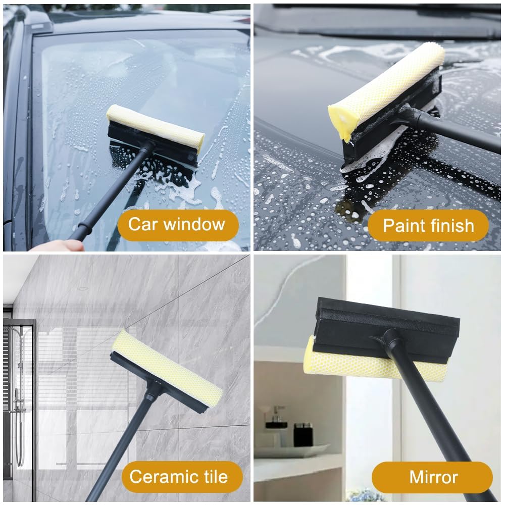 NINZA 2 in 1 Car Window Squeegee Cleaner with Long Handle, Window Glass Wiper, Car, Outdoor High Window Cleaning, Sponge Washing Squeegee for Kitchen Platform