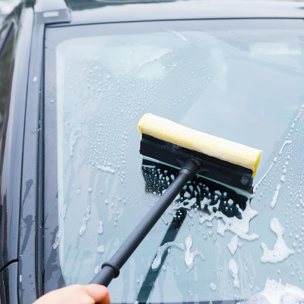 NINZA 2 in 1 Car Window Squeegee Cleaner with Long Handle, Window Glass Wiper, Car, Outdoor High Window Cleaning, Sponge Washing Squeegee for Kitchen Platform