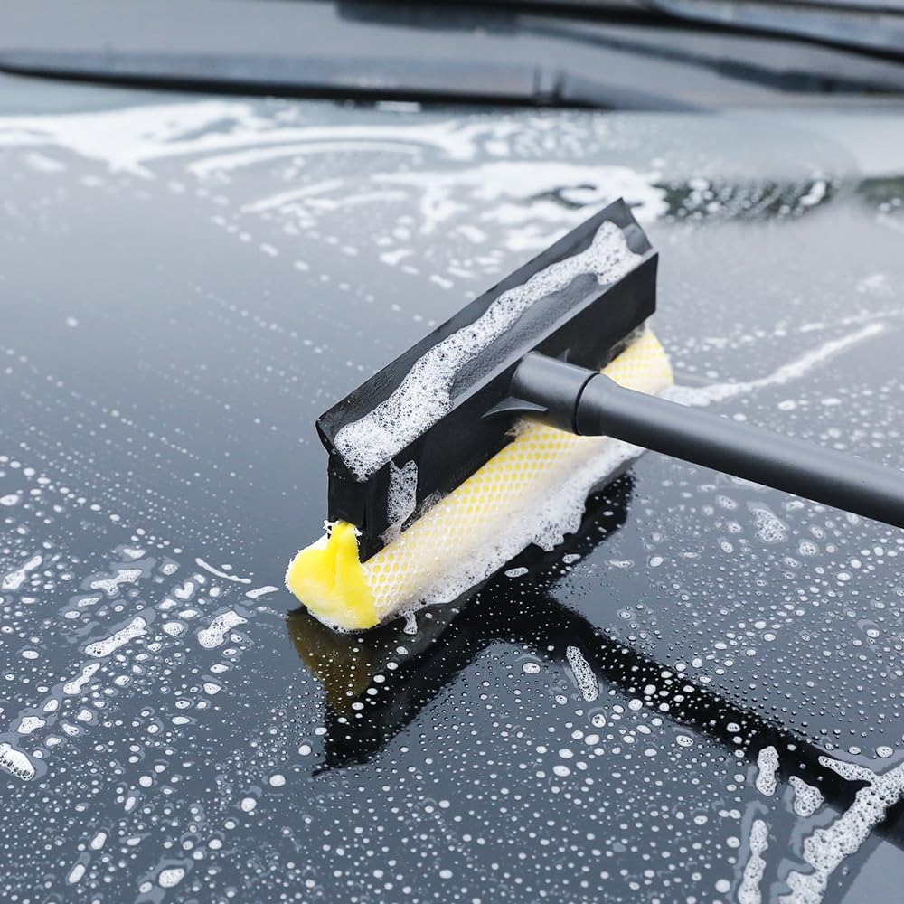NINZA 2 in 1 Car Window Squeegee Cleaner with Long Handle, Window Glass Wiper, Car, Outdoor High Window Cleaning, Sponge Washing Squeegee for Kitchen Platform