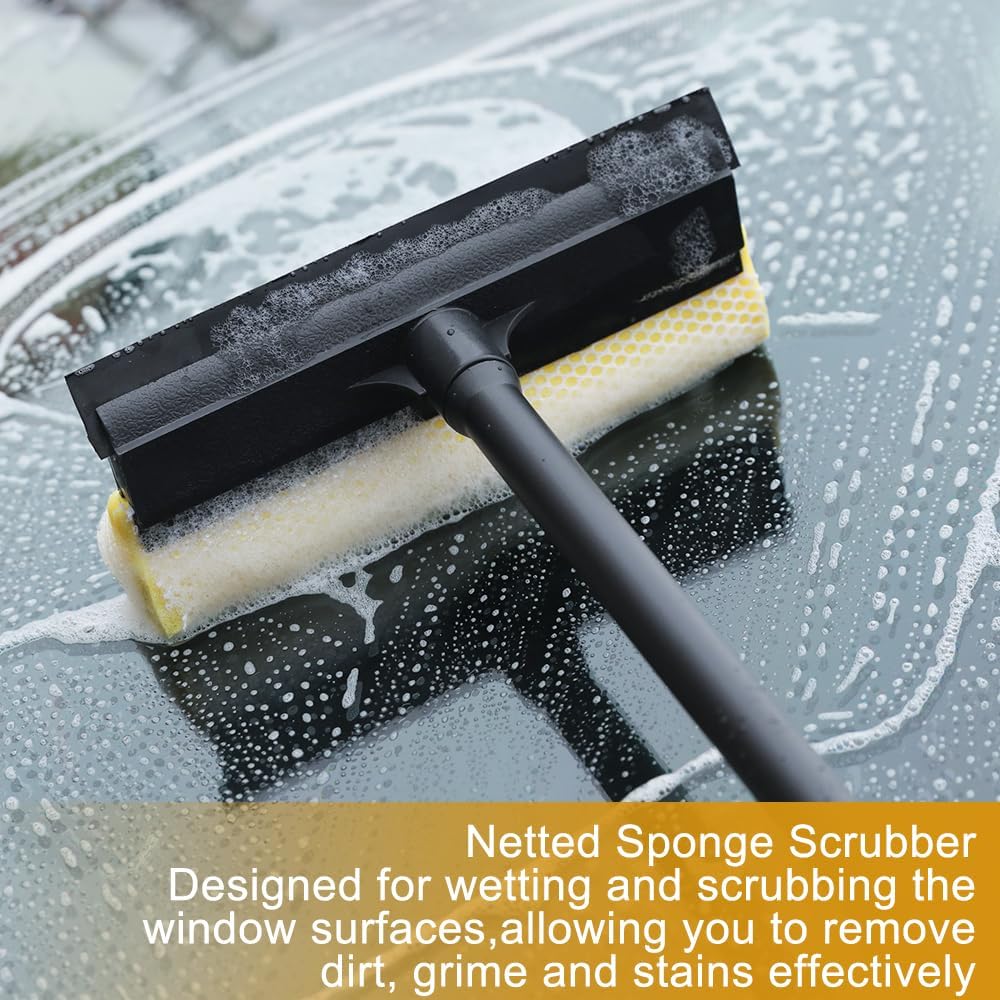 NINZA 2 in 1 Car Window Squeegee Cleaner with Long Handle, Window Glass Wiper, Car, Outdoor High Window Cleaning, Sponge Washing Squeegee for Kitchen Platform